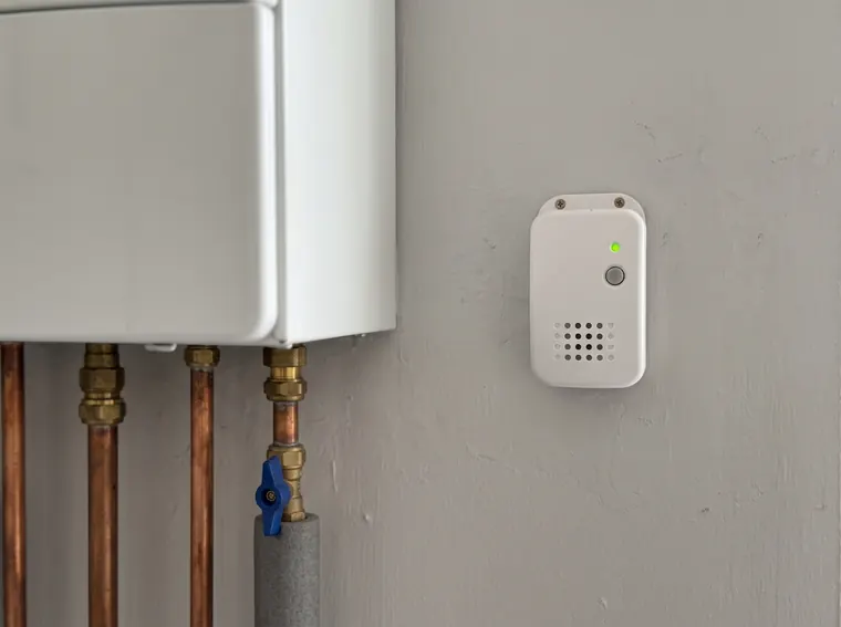 Kleiner weißer Kohlenmonoxidmelder an der Wand neben einer Gastherme mit Kupferleitungen