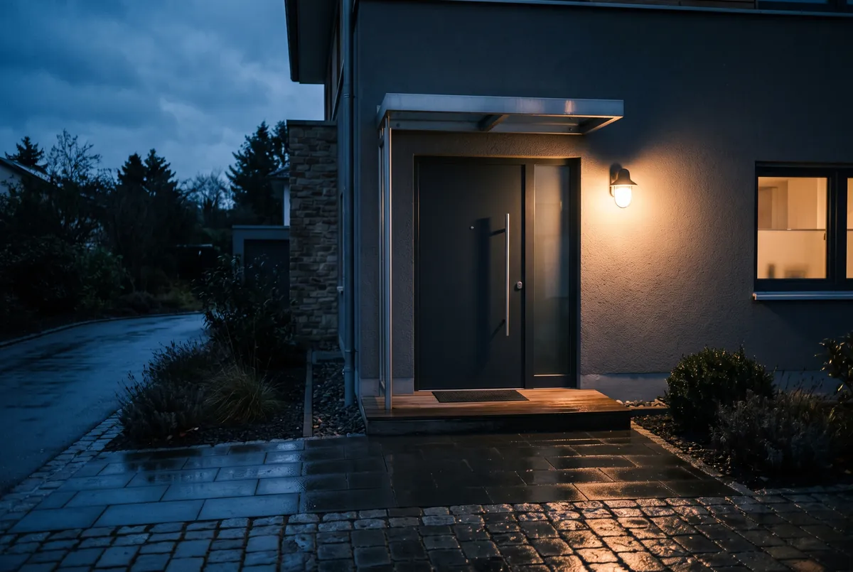 Beleuchtete Haustür bei Nacht