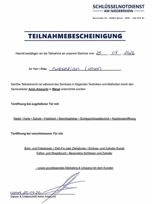Teilnahmebescheinigung über ein Seminar zur Türöffnung, ausgestellt vom Schlüsselnotdienst am Niederrhein in Wesel am 25. Juli 2026 für Sebastian Liesen