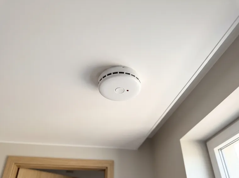 Weißer Rauchwarnmelder an der hellen Decke eines Flurs